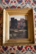 Gustav de Breanski, oil on board, Riverside houses, signed, 45 x 35cm