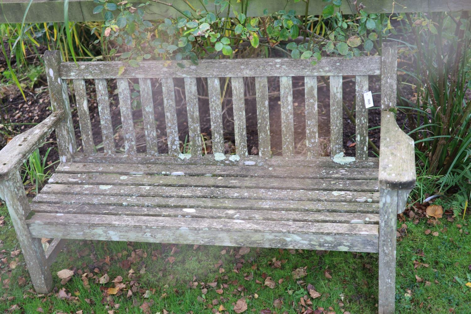 A pair of weathered teak garden benches, width 158cm - Image 4 of 5