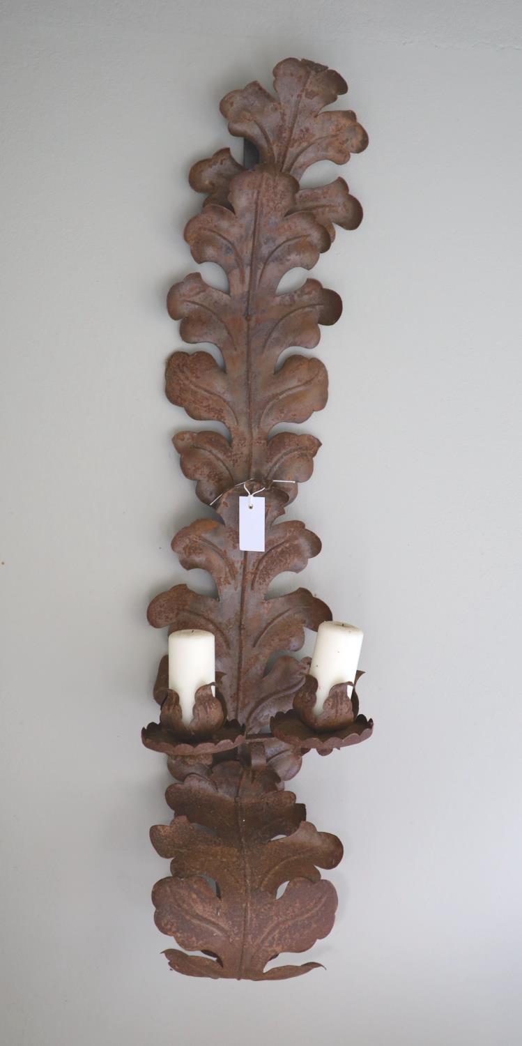 A pair of oxidised metal acanthus leaf wall sconces, width 30cm height 118cm - Image 2 of 3