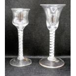 Two George III opaque twist stem cordial glasses, c.1760, each with a double series opaque twist