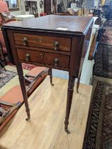 A Regency mahogany drop flap work table, the drawers with brass pear drop handles, width 37cm, depth