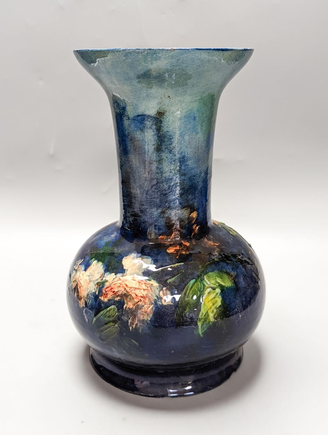 A continental floral painted vase, possibly Belgian. Stamped to underside. 26cm - Image 3 of 5