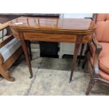 A Regency banded mahogany D shaped folding card table, width 90cm, depth 44cm, height 75cm