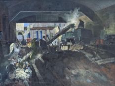 Henry James Neave (1911-1971), oil on board, Demolition crew loading a lorry, signed and dated '