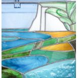A stained glass framed panel, 'Cuckmere Haven including The Seven Sisters', height overall 52cm