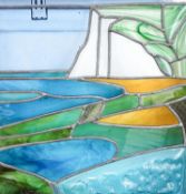 A stained glass framed panel, 'Cuckmere Haven including The Seven Sisters', height overall 52cm