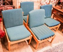 A set of four Ercol pale beech lounge chairs with cushion seats and backs, width 60cm, depth 66cm,