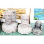 Two Tudor style red sandstone busts, and a sandstone bust of a lady, tallest 39cm
