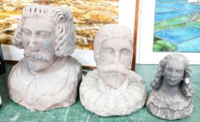 Two Tudor style red sandstone busts, and a sandstone bust of a lady, tallest 39cm