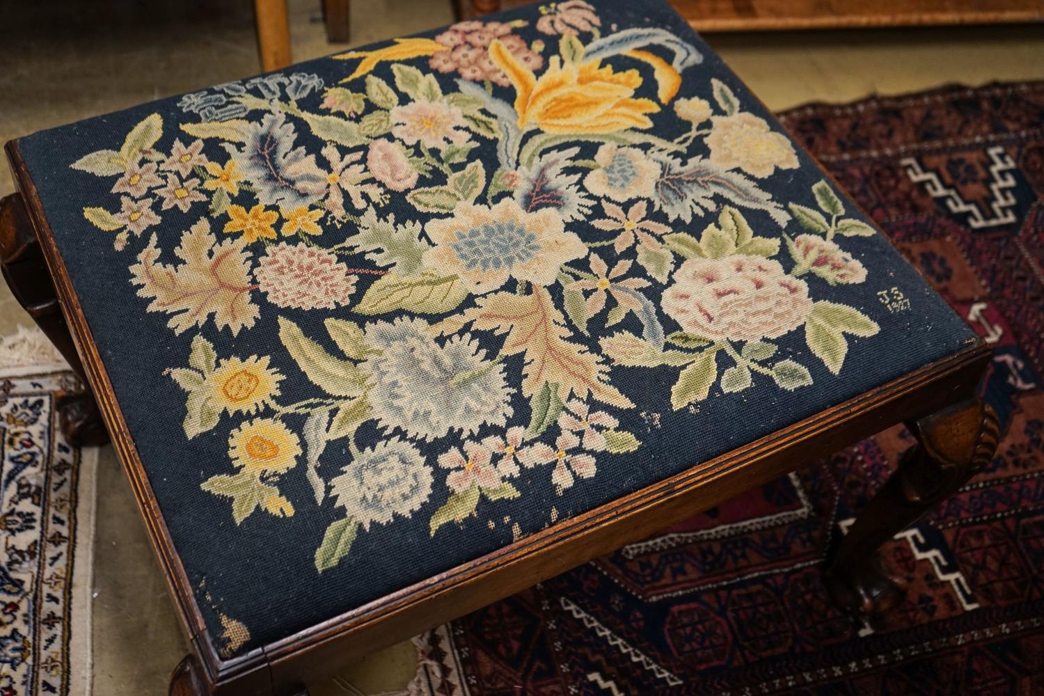 A George III style mahogany stool with drop in tapestry seat on ball and claw feet, signed JS - Image 2 of 3