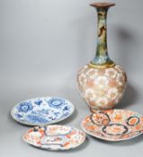 A Doulton slaters patent vase, height 40cm, two Imari dishes and an 18th century Delft blue and