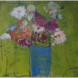 Jo Volten, acrylic on canvas, Blue vase on green with summer flowers, initialled and dated 2020,