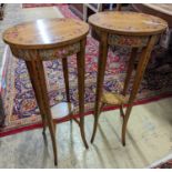 A pair of Sheraton style oval painted satinwood occasional tables, width 31cm, depth 26cm, height