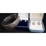 Two pairs of semi precious gem set ear rings including one 9ct gold set and a boxed silver bangle.