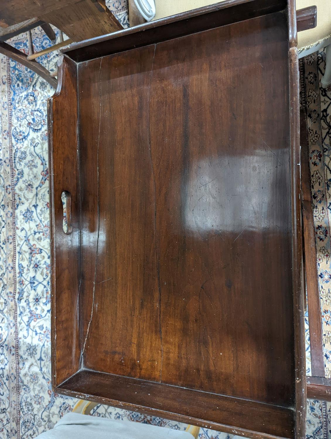 A 19th century rectangular mahogany butler's tray on folding stand, width 24cm, depth 49cm, height - Image 5 of 5