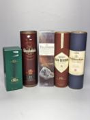 Five assorted bottles of single malt whisky including Talisker 10 year old, Tullibardine Vintage