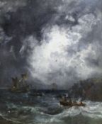 Samuel Bough (1822-1878), oil on canvas, Stormy coastal landscape with rowing boat setting out to