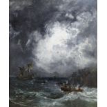 Samuel Bough (1822-1878), oil on canvas, Stormy coastal landscape with rowing boat setting out to