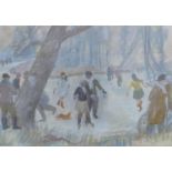 Hubert Arthur Finney (1905-1991), watercolour, Skaters in winter, signed, 41 x 57cm