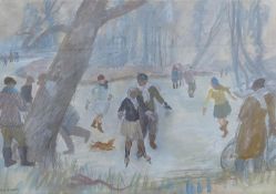 Hubert Arthur Finney (1905-1991), watercolour, Skaters in winter, signed, 41 x 57cm