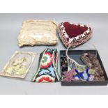 A cream silk pin baby cushion, a valentine cushion, a miser's purse, appliques and sequin collar