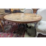 A Victorian inlaid figured walnut and Tunbridge ware oval loo table, width 134cm, depth 100cm,