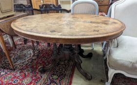 A Victorian inlaid figured walnut and Tunbridge ware oval loo table, width 134cm, depth 100cm,