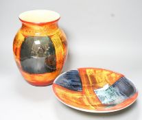A Poole pottery vase and a shallow dish 27cm