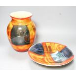 A Poole pottery vase and a shallow dish 27cm