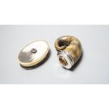 A 19t century white metal and gem set mounted horn snuff mull(a.f.)78mm and a similar oval horn