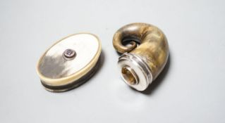 A 19t century white metal and gem set mounted horn snuff mull(a.f.)78mm and a similar oval horn