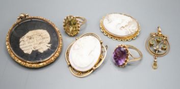 Two modern 9ct gold and gem set rings, a 9ct and gem set pendant, two 9ct mounted cameo shell