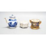A Schoelcher Paris porcelain inkwell on stand, an 18th blue and white miniature teapot and a