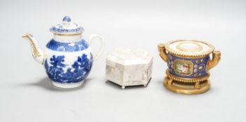 A Schoelcher Paris porcelain inkwell on stand, an 18th blue and white miniature teapot and a