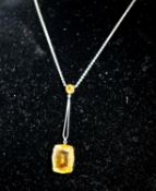 A white metal and two stone citrine set drop line pendant necklace, pendant 45mm, chain 40cm,