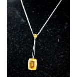 A white metal and two stone citrine set drop line pendant necklace, pendant 45mm, chain 40cm,