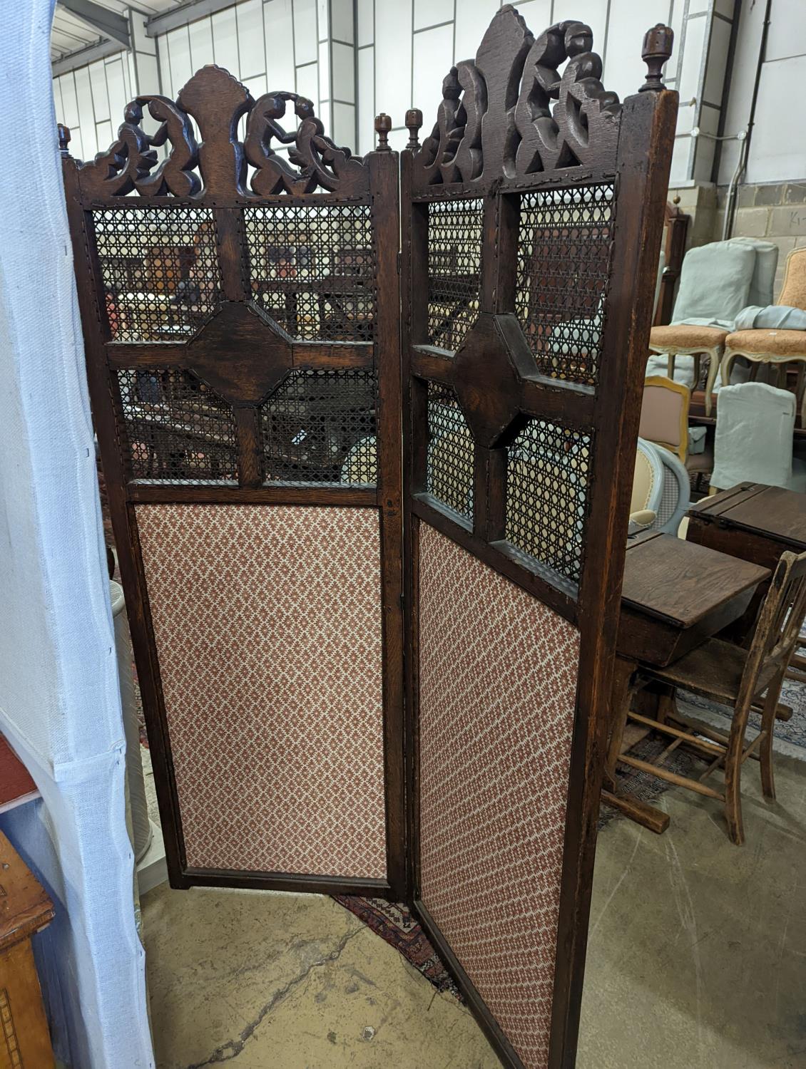 A 1920's carolean style oak and cane work two fold dressing screen, each panel width 60cm, height - Image 4 of 4