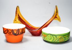 Two Poole bowls and a 1970's coloured glass vase 38cm