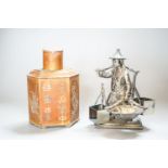 A Chinese pewter tea caddy and Chinese figure 16cm