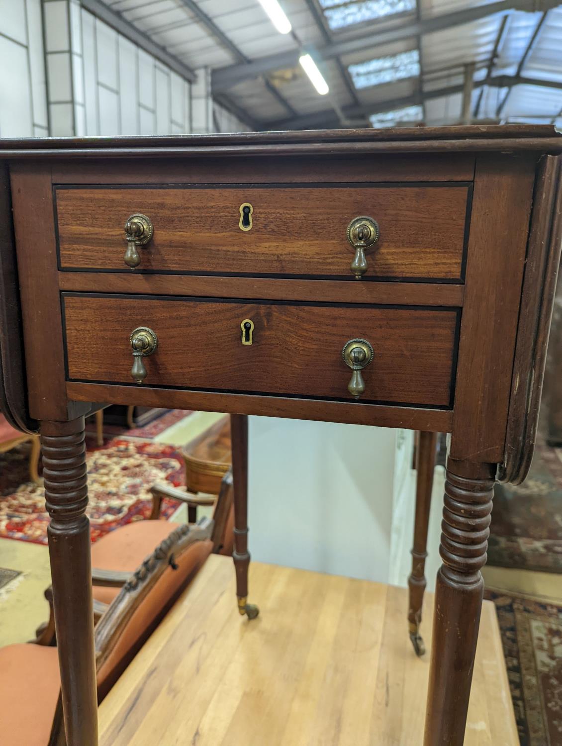 A Regency mahogany drop flap work table, the drawers with brass pear drop handles, width 37cm, depth - Image 3 of 5