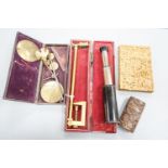 A Chinese carved sandalwood card case, a cased set of Avery gold scales, a Zonex telescope, a