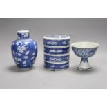 A Chinese blue and white ovoid jar and cover and similar stacking box, Kangxi and a Qing blue and