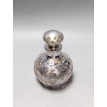 A sterling silver overlaid glass scent bottle 12.5cm