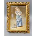 A Victorian porcelain plaque, painted with a girl with kittens, in gilt frame, 28.5 X 21 cm