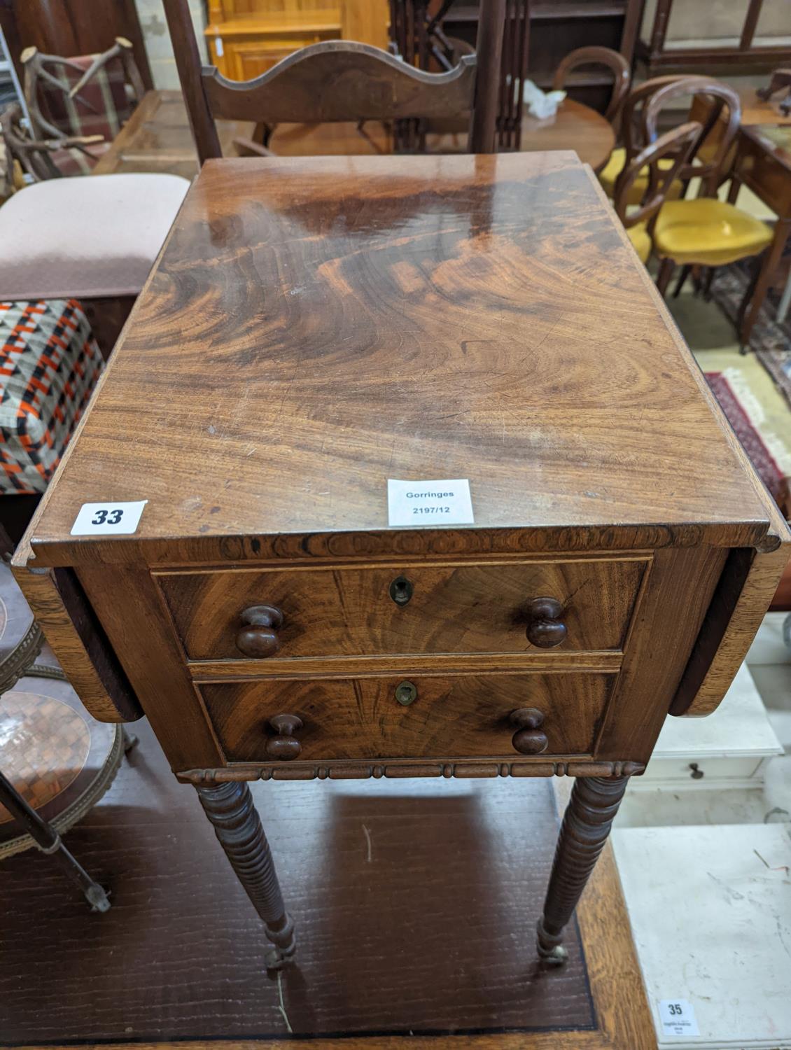 A Regency mahogany drop flap work table, width 38cm, depth 50cm, height 74cm - Image 2 of 4