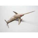 A 20th century Spanish articulated white metal model of a swordfish, with red glass eyes, approx.