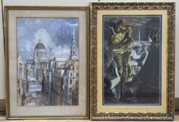 Henry James Neave, two ink and watercolour works, View of St Paul's and Work on Angels, St Paul's