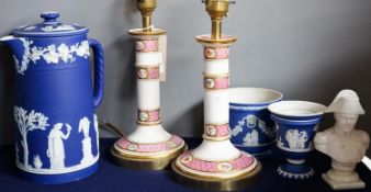 Three mid to late 19th century pieces of Wedgwood Jasperware, including a coffee pot and a small