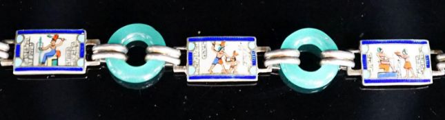 A 20th century Egyptianesque gilt white metal, enamel and chrysoprase loop set bracelet, 18cm.