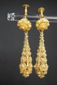 A pair of antique yellow metal filigree cannetile work teardrop shaped earrings, 45mm.gross 8.5g4.